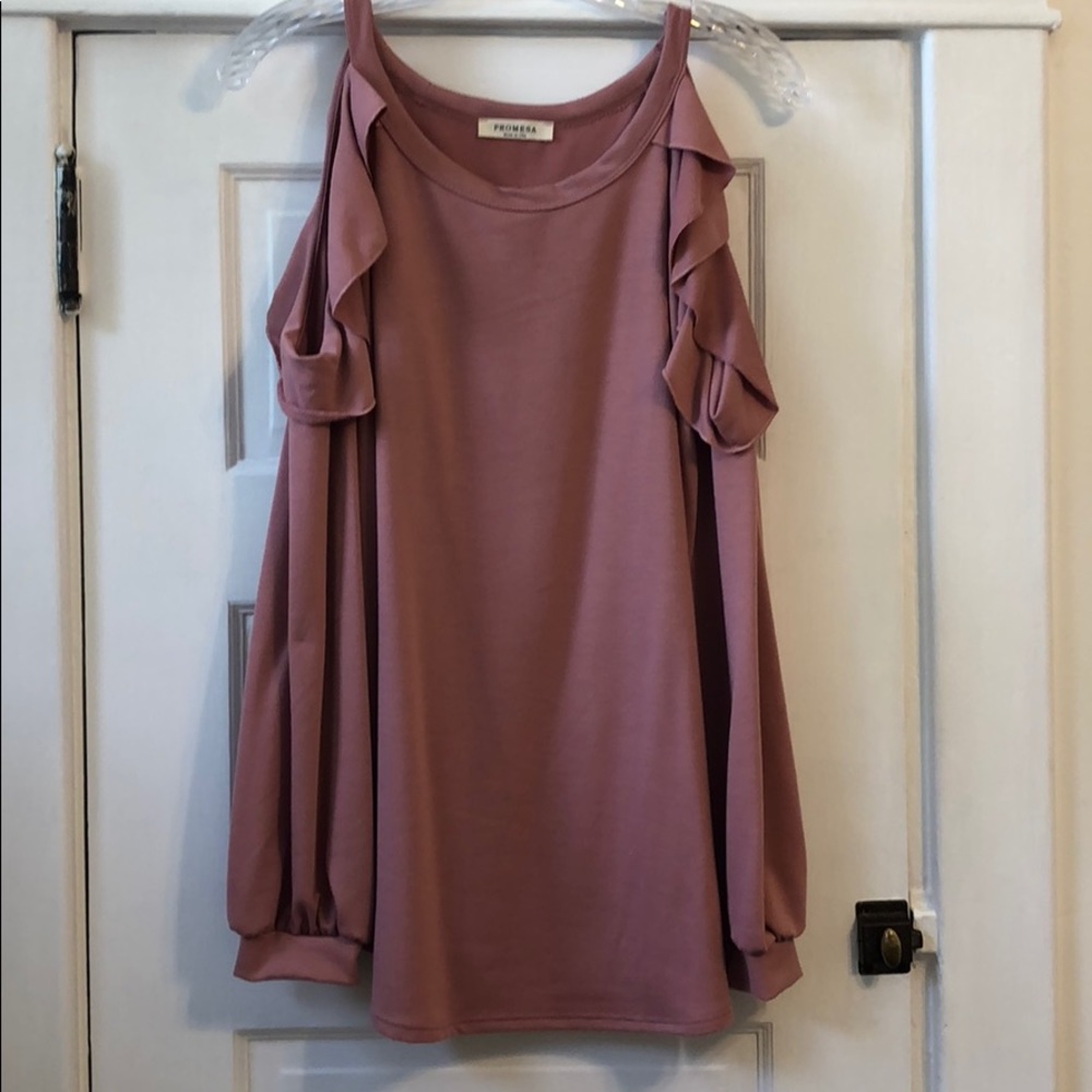 Light weight, ruffled cold shoulder sweater